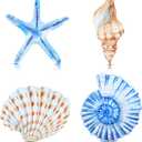 Yookeer 4 Pcs Beach Wall Decor, Wooden Seashell Starfish Wall Decoration, Ocean Coastal Nautical Decorative Art, Rustic Seaside Theme Art for Bathroom Living Room Bedroom Summer Home Decor Gift(Large)