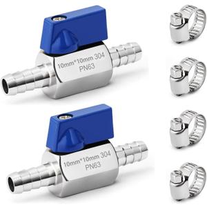 2 Pack 3/8" Hose ID Barb Mini Ball Valve, Stainless Steel Small Shut Off Valve with Clamps Kit for Water Oil Gas (3/8 Inch)