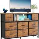 DUMOS TV Stand Dresser with 8 Fabric Drawers and Open Shelves, LED Entertainment Center with Charging Station, Wood Top Media Console for 45-55 inch, Bedroom, Rustic Brown