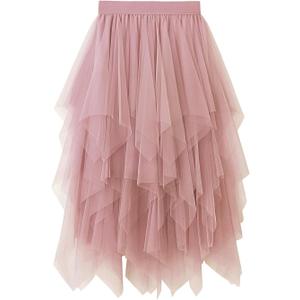 Reaowazo Tulle Skirts for Women Midi Long Fairy Skirt Tutu A-Line Mesh Layered High Elastic Waist Halloween Skirts (One Size)