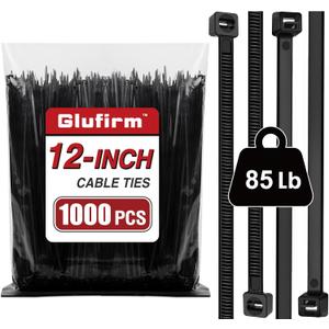 Zip Ties Heavy Duty 12 inch (1000 Pack), Double-sided Toothed, 85 lb, Delivering 1.7X Tensile Strength in the Same Specs, Black Cable Ties, Glufirm