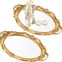Reallnaive 2 Pcs Vintage Mirror Tray 15.3 x 9.45 Inch Decorative Antique Framed Mirror for Makeup Perfume Jewelry Organizer Serving Tray(Gold,Ornate)