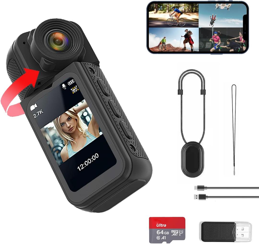 S70 2.7K Thumb Action Camera, 64GB Mini Body Camera, Wearable Pocket Cam with Magnetic Lanyard, Hands-Free POV Recording, Small Portable Camcorder for Work, Cycling, Travel, Pet Walking(Black)