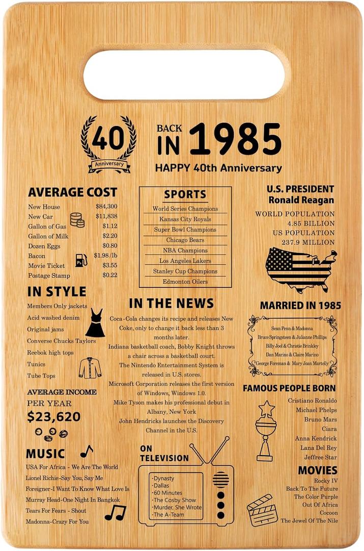 40th Wedding Anniversary Cutting Board Gifts for Women Men Marriage Gifts for Couple 1985 Poster Back In 1985 40th Anniversary Decorations 100% Organic Bamboo Pre Oiled 11"L x 7"W x 0.5"Th