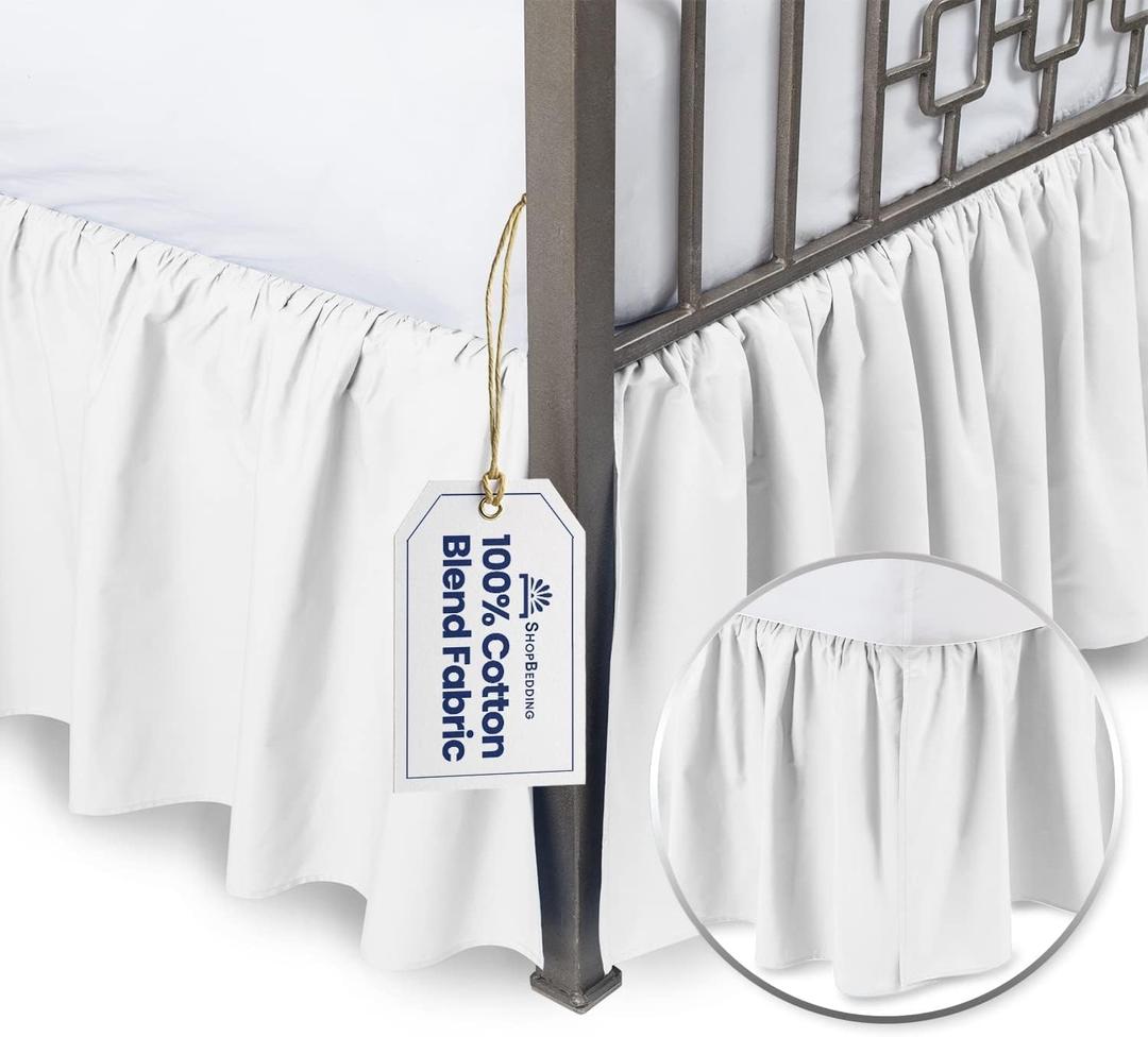 SHOPBEDDING White Queen Bed Skirt 14 inch Drop - with Split Corners - Cotton Blend Ruffled Bed Skirting Queen Size, Dust Ruffle for Queen Size Bed, Platform White Bedskirt, Machine Washable