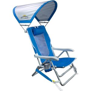 GCI Outdoor Sunshade Backpack Beach Chair | Reclining Folding Canopy Chair with Durable Armrests, Drink Holder & Carry Straps, Perfect for Beach Trips & Picnics — Saybrook Blue