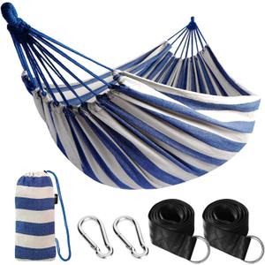 ANYOO Cotton Hammock Portable Camping Hammocks for Hanging Sturdy Garden Comfortable Fabric Hammock with Tree Straps Up to 660lbs with Travel Bag for Camping Outdoor/Indoor Patio Backyard (Blue/White)