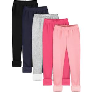 Resinta 5 Pack Girls Fleece Lined Leggings Winter Warm Soft Thermal Pants Full Length Multipack for Kids Cold Weather (8-10 Years, Black, Grey, Pink, Hot Pink, Navy)