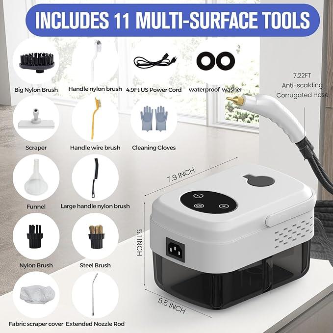 Portable Steam Cleaner, 6-gears Adjustable Handheld Steamer with 1.3L Tank, High-Heat Pressurized Steamer for Home, Floor, Grout, Car and Tile Cleaning with 11pcs Accessories