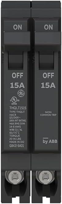 ABB Q-Line THQLT1515 Tandem Circuit Breaker 15A/1P & 15A/1P Dual Circuit Breaker for Single Slot 120/240V, 10 kAIC HACR & SWD Rated Space-Saving Design Plug-in Mount