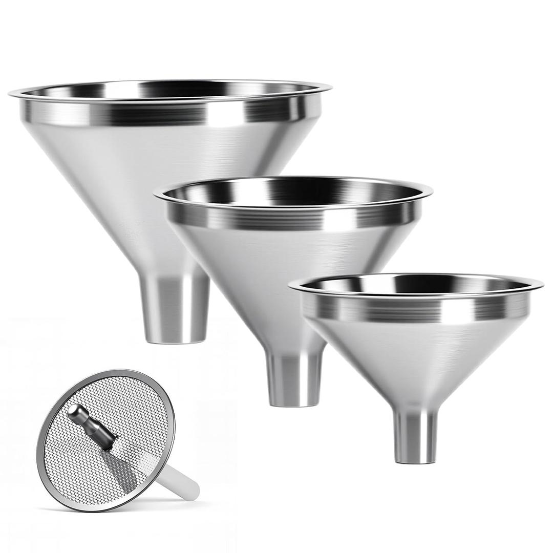 4-Piece Stainless Steel Kitchen Funnel Set, Includes 3 Funnel Sizes and 1 Strainer. Ideal for transferring seasonings, Oils, Liquids, Dry Goods and Powders. Durable and Easy to Clean.