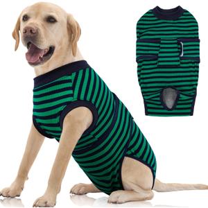 FUAMEY Recovery Suit for Dogs After Surgery,Soft Breathable Dog Bodysuit E-Collar & Cone Alternative Surgical Suit,Male Female Dog Neuter Spay Suits Anti Licking Wounds Onesie Green Black Stripes L (L (Back:16.1-20.1'', Weight:23-48 LB))