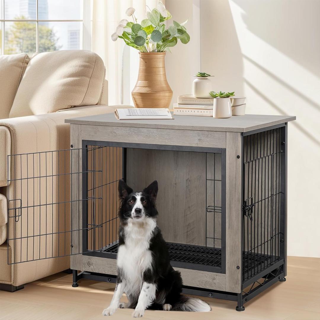 Shintenchi Wooden Dog Crate Furniture for Large Breed, L Double-Door Kennel Indoor with Removable Tray, End Table L Dog Crate for Decoration, 38.6" L, Grey
