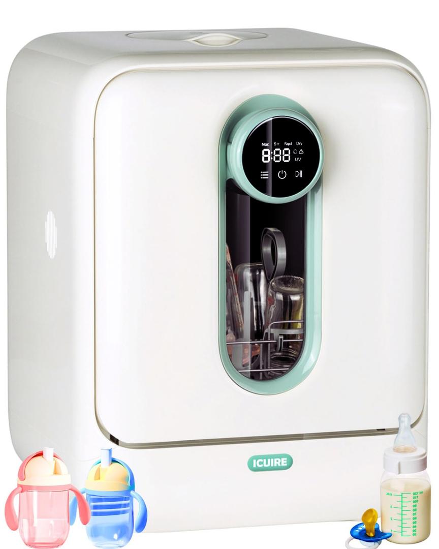 ICUIRE Baby Bottle Washer and Sterilizer and Dryer, 131-167F High Temperature Sterilize for Baby Stuff, 3.2L Water Tank to Clean Bottles, Pump Part &Pacifiers&Bowl, Newborn Parents One-Hand Operation (Beige)