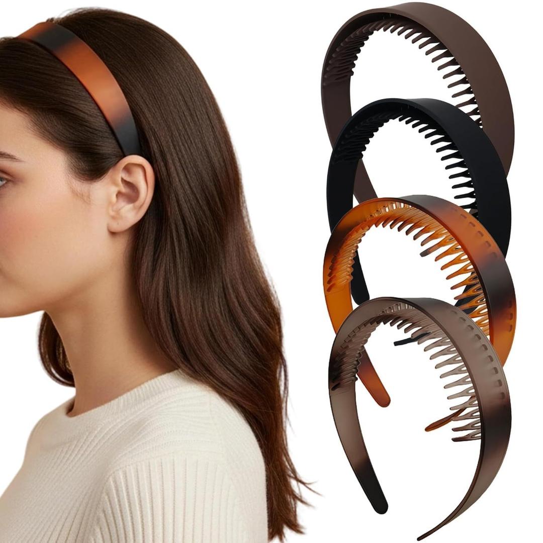 4PCS Fashion Headbands Plastic Hair Head Band Comb with Teeth, Headband with Teeth for Girls Non Slip,women's Recycled Plastic Black&Brown headbands,Gifts for Women and Teen Girls (Type 5)