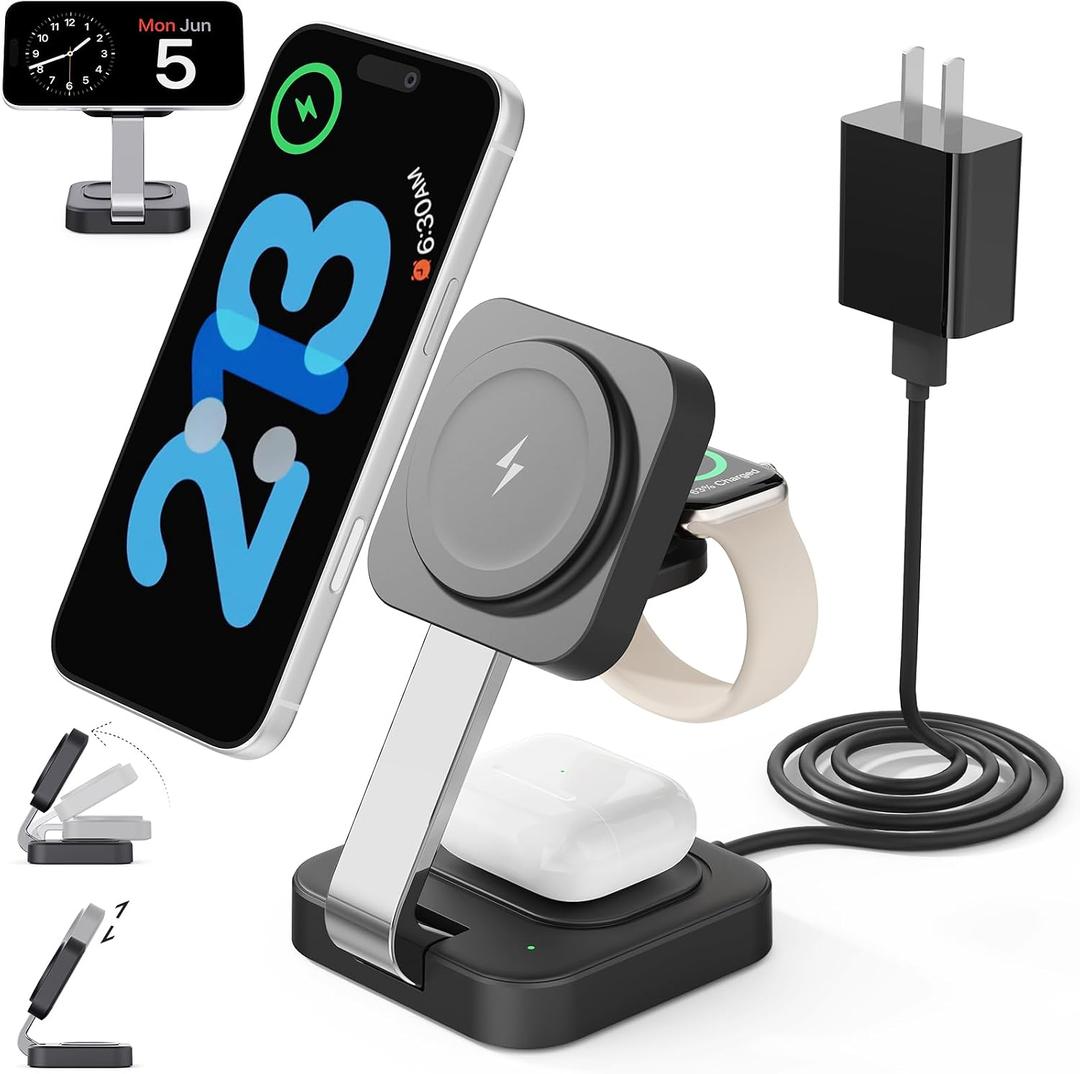 2 x RYND 2026 Traveling Wireless Mag-Safe Fast Charging Station,Magnetic 3 in 1 Charger with iPhone 17 16 15 14 13 12 Pro Max Plus,Apple Watch Series & Air pods 4 3 2 Pro-Gifts for Wife & Husband(Black)