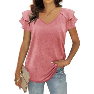 2 x T&Twenties Womens Summer Tops Ruffle Short Sleeve Tunic Tops V Neck Loose Fit Flowy T-Shirts (M)