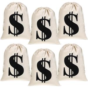 6 Pcs Large 11.8 x 15.7 Inches Money Bag Prop Canvas Drawstring Money Bag Dollar Sign Carrying Sack for Bank Robber Pirate Cowboy Cosplay Theme Halloween Party Favors(White)