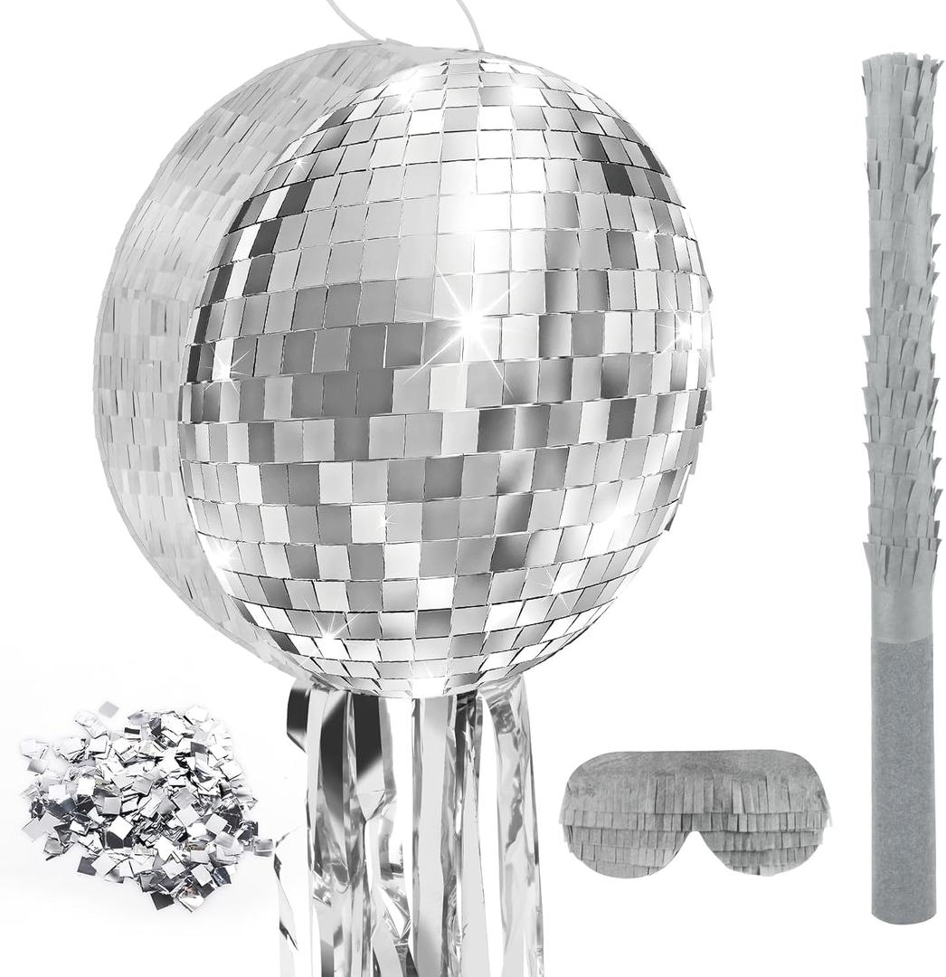 12.5 Inch Disco Party Pinata 80s 90s Disco Ball Pinata with Blindfold Stick Confetti for 80s 90s Discos Birthday Wedding Party Supplies Decor (Discos Ball)