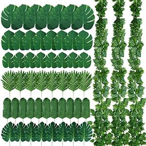 XunYee 24 Strands 165 ft Artificial Vines with Leaves Tropical Leaf Garland and 60 Pcs Fake Monstera Palm Leaves Decor Faux Ivy Vines for Jungle Safari Plant Party Decoration