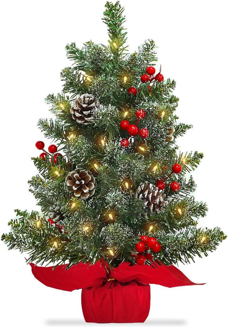 22 Inch Tabletop Christmas Tree with Lights Timer, Snowy Artificial Small Christmas Trees Battery Operated 30 Warm Lights Red Berries Pine Cone Stable Base Mini Tree Xmas Decorations Indoor Holiday
