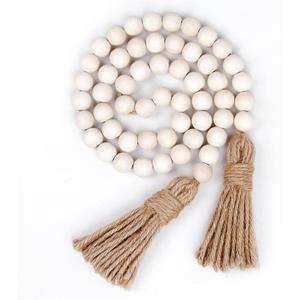 Wood Bead Garland Farmhouse Beads with Tassels,Farmhouse Tassel Garland Country Wall Hanging Decor Prayer Beads(39 inches/Nature)