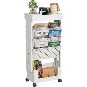 5-Tier Mobile Bookshelf, Rolling Bookcase Book Storage Rack, Movable File Folder Organizer Cart with Wheels for Home Study Office Living Room Classroom, White