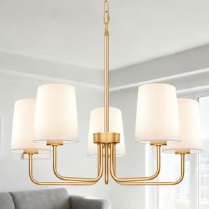 Farmhouse Chandelier, 5-Light Gold Chandelier with White Fabric Shade, Height Adjustable Modern Dining Room Light Fixture with E26 Base for Bedroom Foyer Hallway Entryway Kitchen Living Room