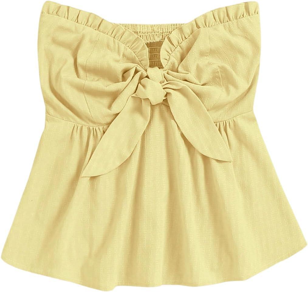 SOLY HUX Women's Frill Trim Tie Front Tube Top Sleeveless Strapless Ruffle Summer Tops (Yellow, M)