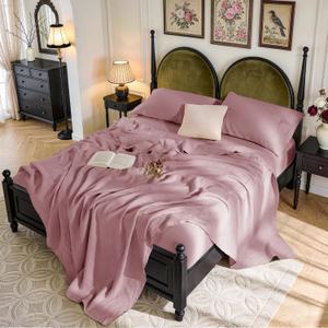 SONORO KATE 100% French Pure Linen Sheets, Breathable and Durable Linen Queen Size Sheets, Anti-Tear Linen Bed Sheets, Machine Washable, 16 Inch Deep Pocket - 4 Piece (Embroidery Purple, Queen)