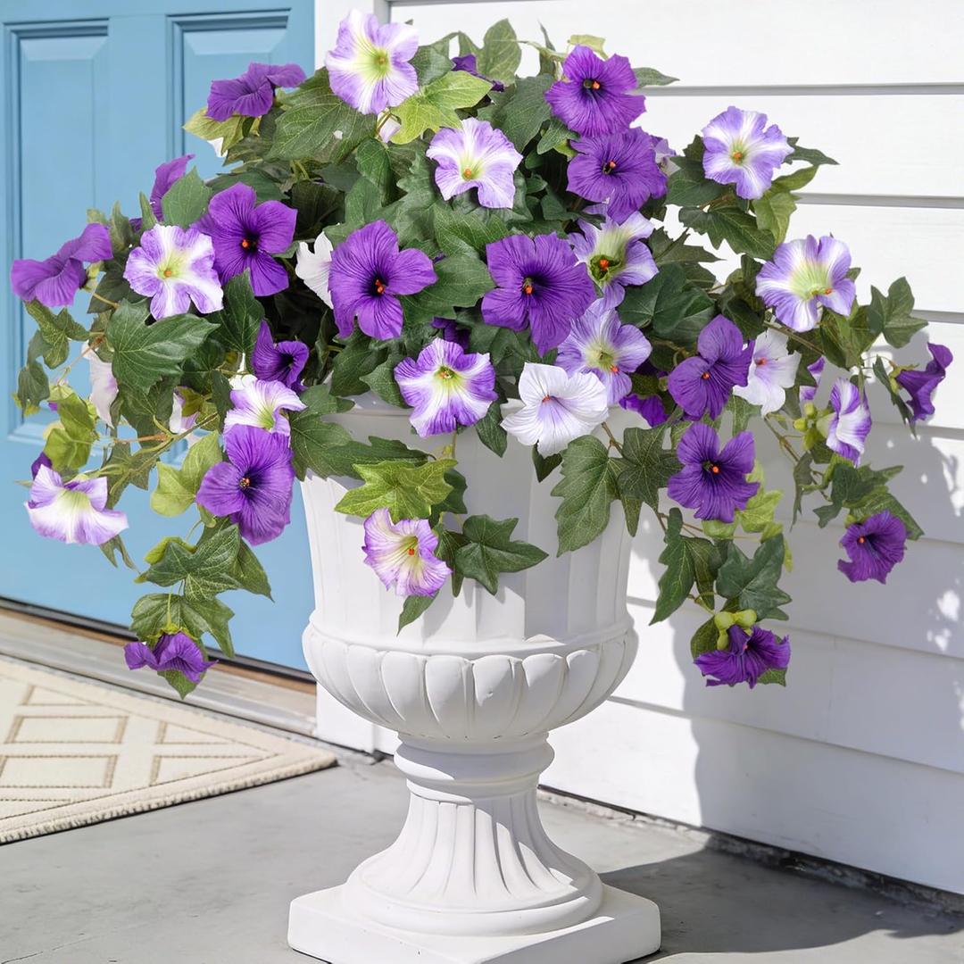 Artificial Fake Flowers Plants for Outdoor Decoration, 2PCS Faux Petunias Silk Flower UV Resistant No Fade for Home Outside Garden Balcony Yard Porch Realistic Indoor Decor (Purple White)