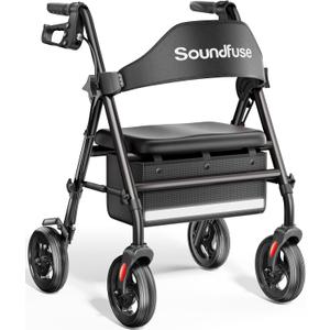 Rollator Walkers with Seat for Seniors, Foldable 8" Big Wheels All Terrain Rolling Walker, Handles and Ergonomic Seat Height Adjustable, 350 lb (Black)