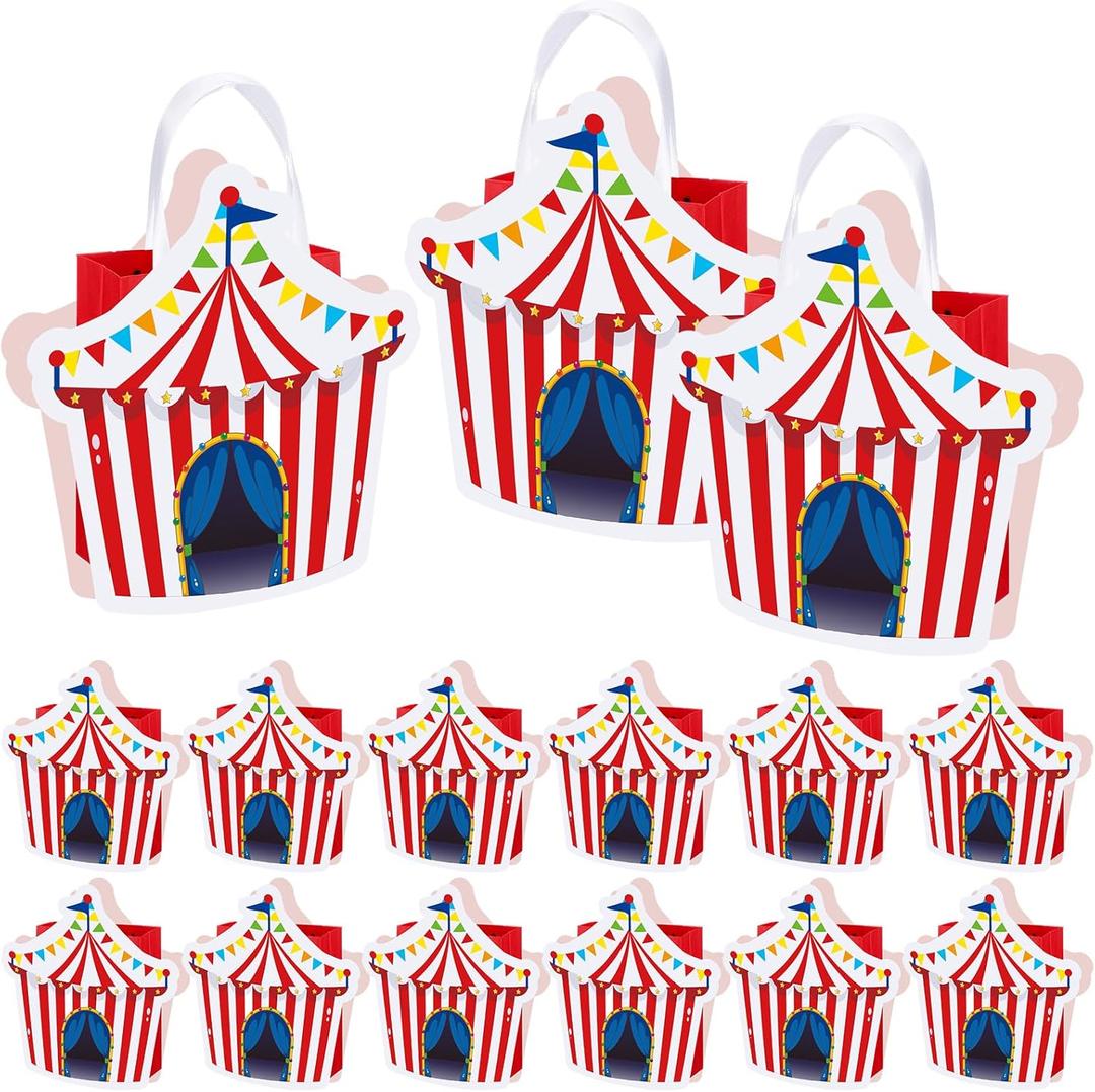 Kolldenn 12 Pcs Circus Party Favor Bags Carnival Gift Treat Bags Circus Theme Goodie Candy Totes with Handles for Carnival Themed Birthday Party Supplies