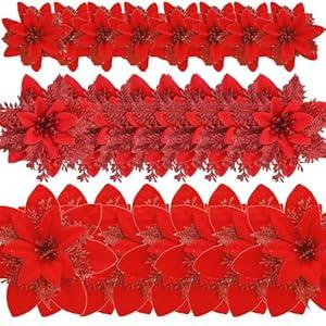 GREENTIME 24 Pcs Glitter Poinsettia Red Artificial Flowers Christmas With Clips Stems Xmas Tree Ornaments For Wedding Party Wreath Decoration