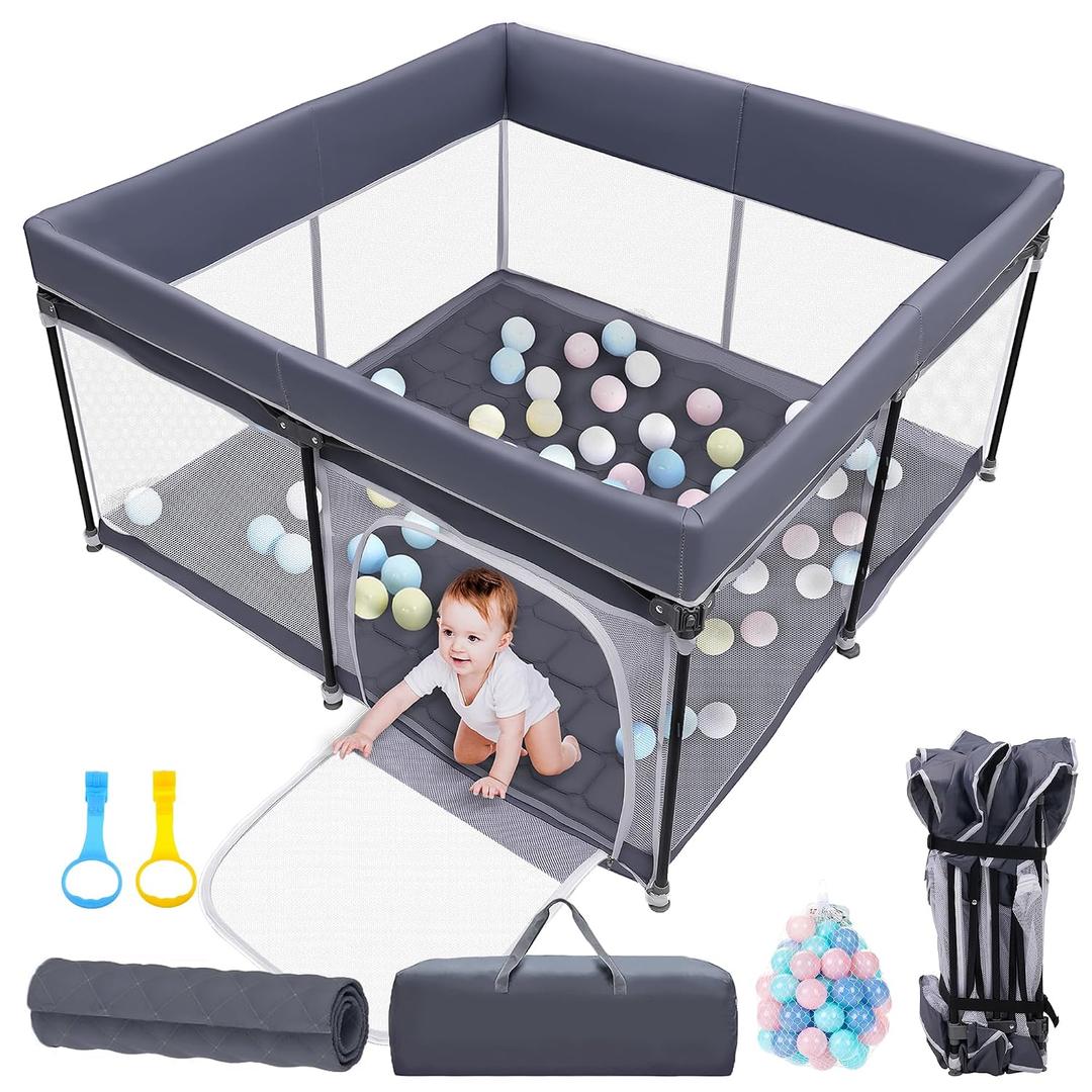 Foldable Baby Playpen with Mat, 50''x50'' Playpen for Babies and Toddlers, Play Pen for Baby with Gate, Breathable, Collapsible Play Yard with Bag (Dark Grey, M)