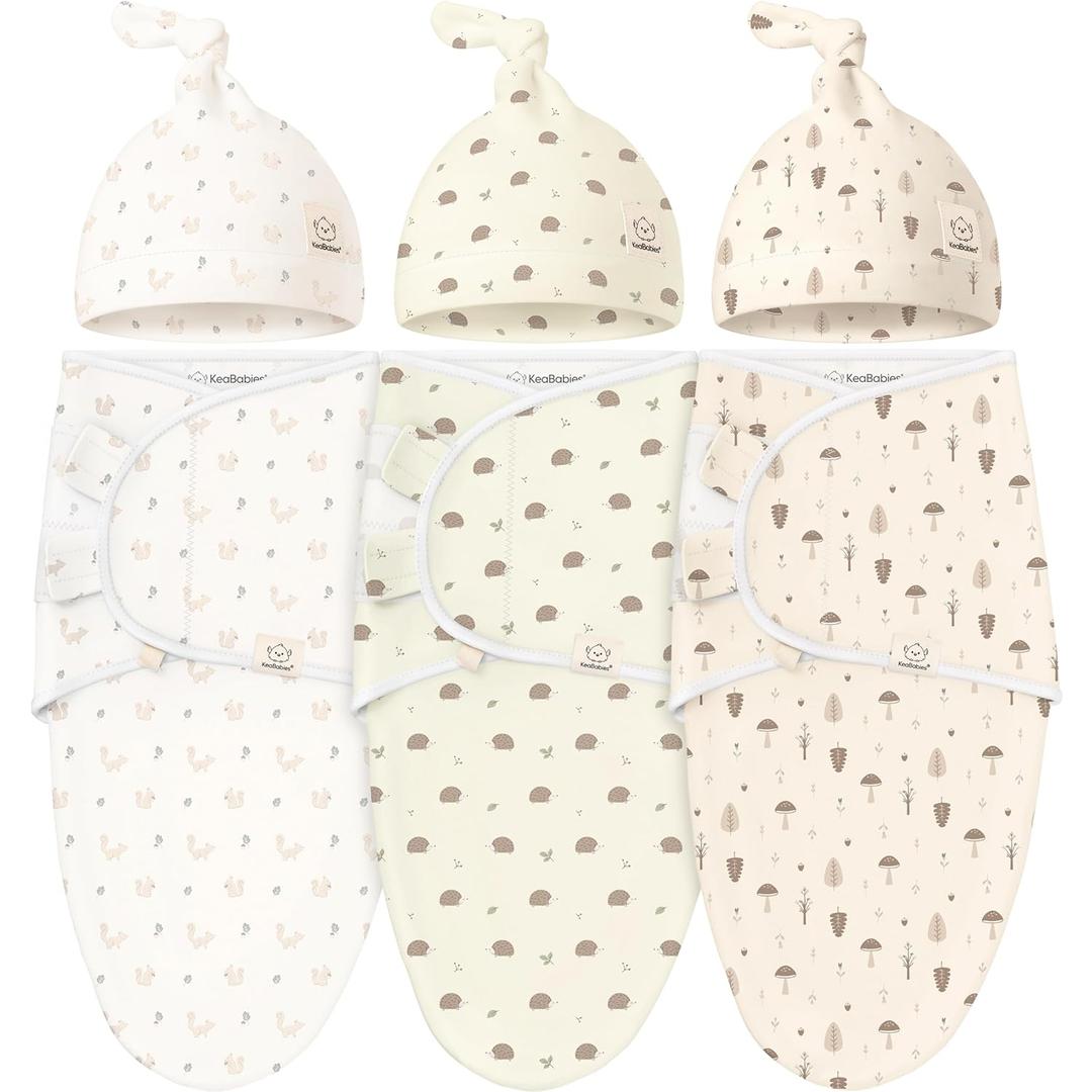 KeaBabies 3-Pack Swaddles for Newborns, Girls, Boys with Hats - Organic Soft Baby Sleep Sacks, Breathable Baby Swaddle 3-6 Months Beanies Set, Premie Infant Sleep Sack 0-3 Months (Nibbles/Bruce) (One Size)