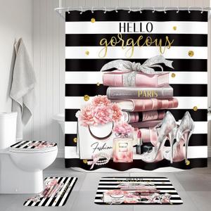 Cinbloo 4Pcs Pink Black Girls Bathroom Sets with Shower Curtain and Rugs, Fashion Flower Perfume Toilet Lid Cover, Bath Mat, Women Girly White Striped High Heels Books Shower Curtain with 12 Hooks