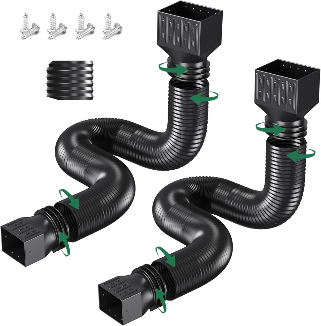 2 Pack Rain Gutter Downspout Extensions, Upgraded Flexible Drain Down Spout Extender for Rain Water Drainage, Each Extendable from 20" to 66", Combine to 10 ft with Connector(Black)