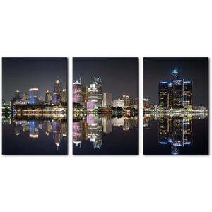3 Pieces Panoramic Detroit Cityscape Picture Black and White Michigan Night Skyline Canvas Art Prints Wall Decoration for Bedroom Office Stretched and Framed Ready to Hang - 16"x24"x3 Panels (16" x 24" x 3 Panels, Wallart-15)