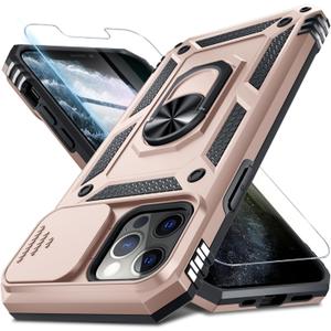 Janmitta Case for iPhone 14 & iPhone 13 Phone Cover Built in Slide Camera Lens Cover+Screen Protector,Heavy Duty Shockproof Full Body PhoneCase with Finger Ring Holder Kickstand,Rose Gold