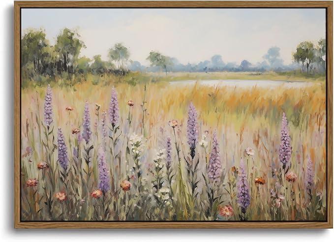 KISSFOX Vintage Framed Wall Art Decor Countryside Landscape Pictures Wall Decor Rustic Wildflower Paintings Scenery Canvas Art Prints Modern Farmhouse Artwork For Bedroom Kitchen Living Room 16x24in