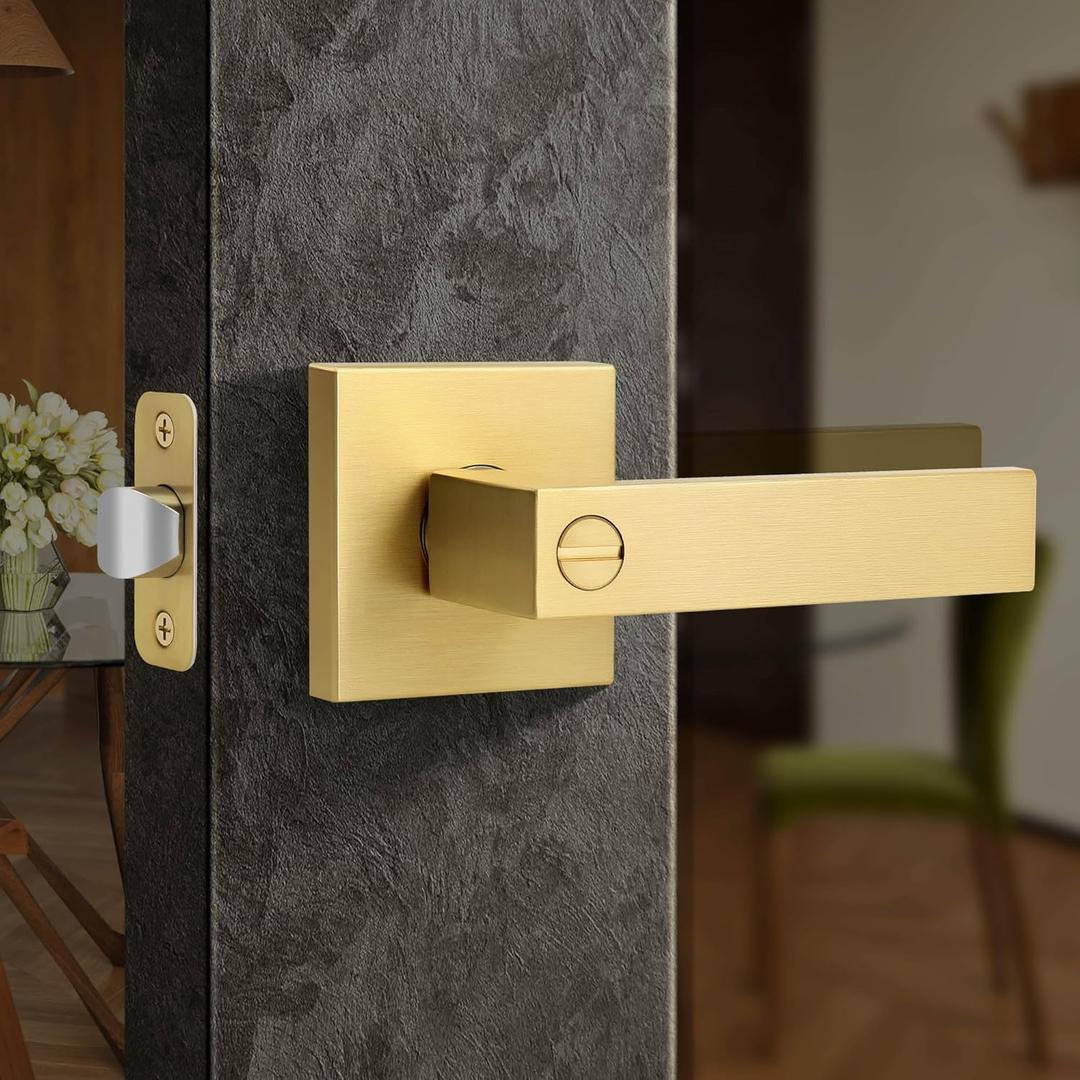 Moquin Brushed Gold Square Design Keyless Privacy Door Handle with Lock, Heavy Duty Door Lever Without Keys, Reversible Handle for Bathroom/Bedroom Door in Satin Brass Finish (1 Pack)