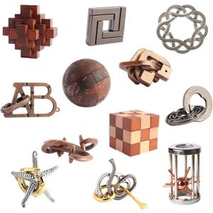 Puzzles Toys Brain Teaser Puzzles 12pcs Ring Puzzles Metal Wooden Puzzles Logic Lock for Adults Kids Toy Gift for Teens, 12 pieces