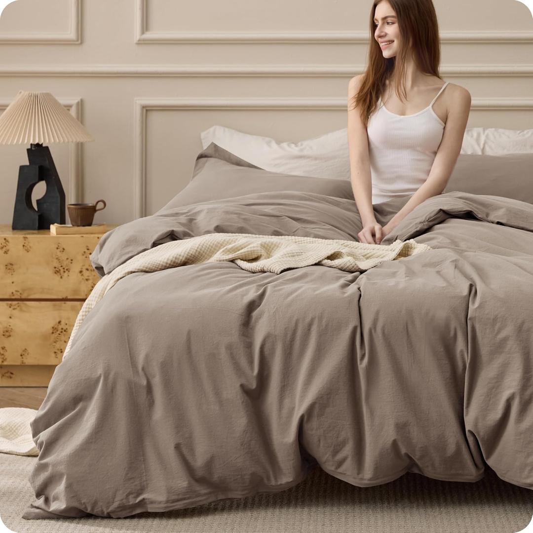 Bedsure 100% Washed Cotton Duvet Cover King Size - Light Brown Minimalist Bedding Set Linen Like - PureWoven Plain Simple & Soft Comforter Cover for All Seasons, 3 Pieces (Light Brown, King, 104"x90")
