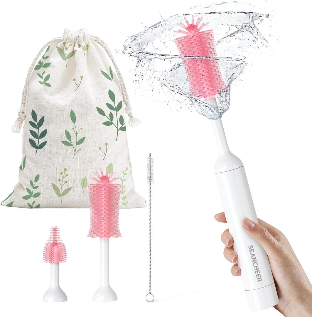 SEANCHEER S02 Electric Bottle Brush Set, Portable Baby Bottle Brush Cleaner, AA Battery-Powered & IPX7 Waterproof, with Silicone Bottle/ Nipple/ Straw Brush, for Home & Travel (Pink)
