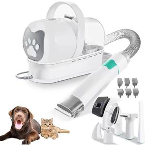 Pet Grooming Kit Pet Grooming Vacuum with Vacuum Clipper, Electric Nail Grinder, Paw Trimmer, Deshedding Tool, 6 Guide Combs, White
