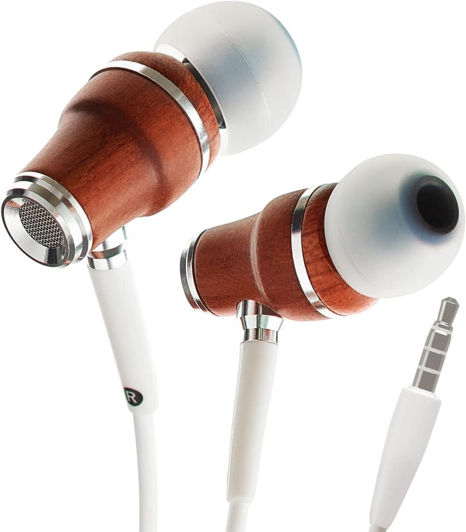 Symphonized Wired Earbuds with Microphone 3.5mm  Noise Isolating Headphones with Wire, Earphones Wired, Headphones with Microphone for Computer, Ear Phones Android Electronics, Natural Wood (White)