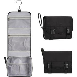 Small Hanging Toiletry Bag for Men and Women, Portable Hanging Organizer for Travel-Sized Shower Dopp Kit, Makeup Accessories, Waterproof Toiletries Organizer with 3 Compartments for Outdoor - Black