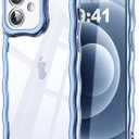 SKYLMW Compatible with iPhone 12 Case, Kawaii Cute Curly Wave Frame Luxury Plating Edge, Stylish Glossy Clear Back, Soft TPU Shockproof Protective Cases for iPhone 12, Blue