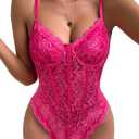 Lilosy Sexy Mesh Sheer Floral Lace Corset Lingerie Bodysuit Bustier Cami Top (Medium, Pink)